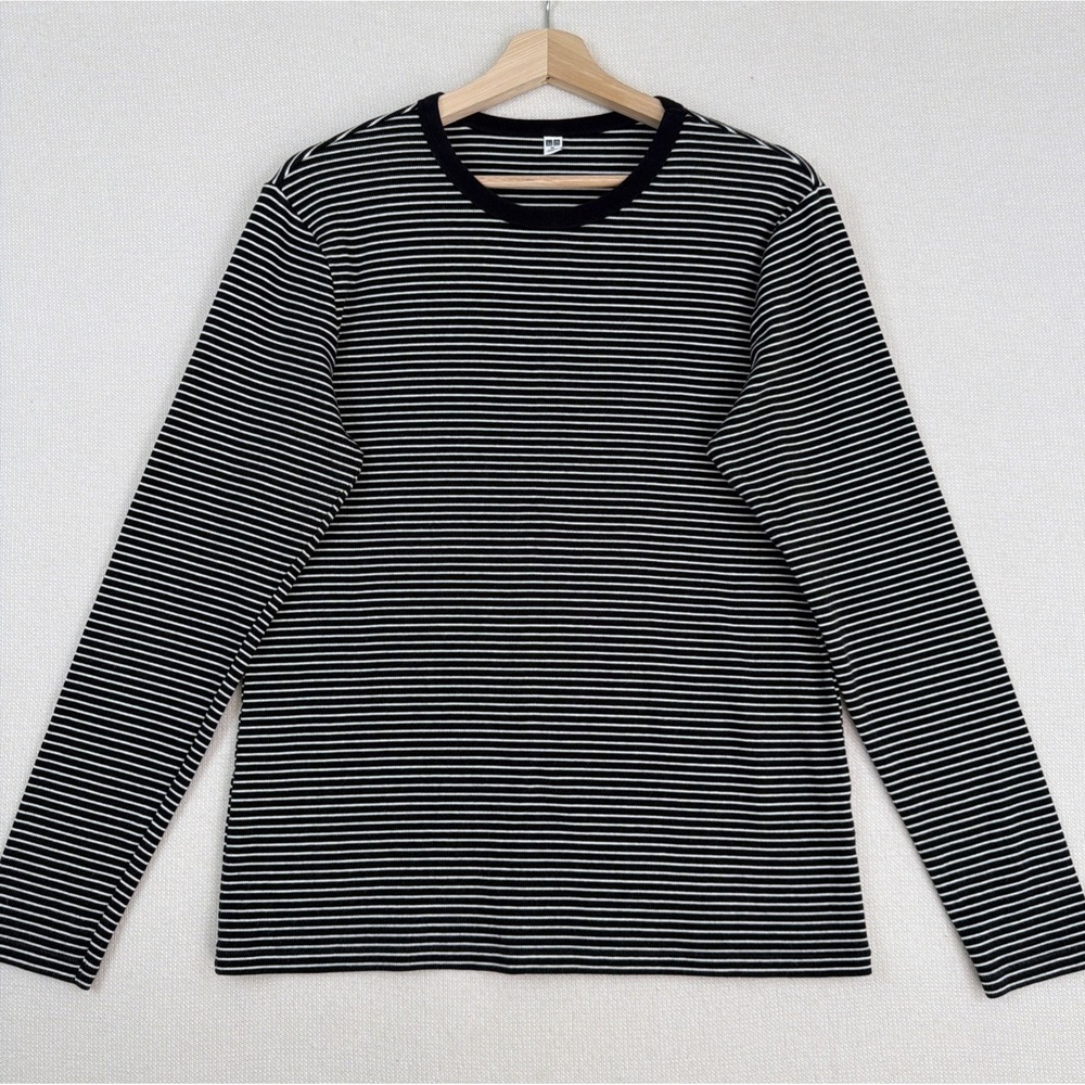 Uniqlo Women's Soft Preppy Ribbed Striped Crew Neck Shirt XL Long Sleeve‎ Black